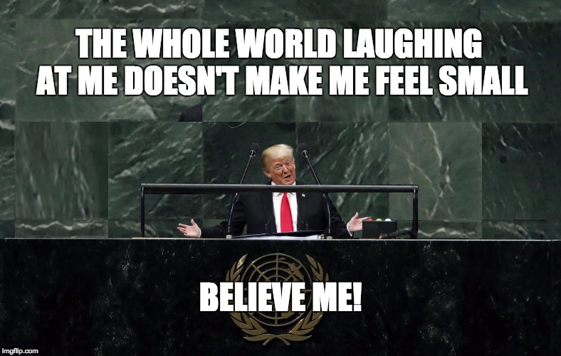 Trumping the UN | THE WHOLE WORLD LAUGHING AT ME DOESN'T MAKE ME FEEL SMALL; BELIEVE ME! | image tagged in memes,trump,tinytrump,tiny hands,speech | made w/ Imgflip meme maker