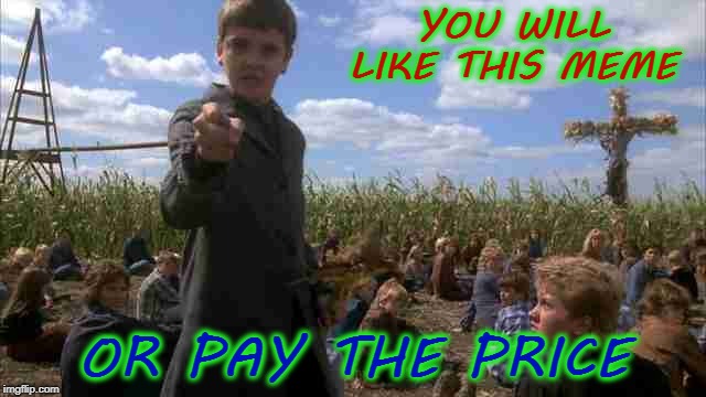 YOU WILL LIKE THIS MEME; OR PAY THE PRICE | image tagged in meme,funny,children of the corn | made w/ Imgflip meme maker