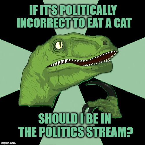 IF IT'S POLITICALLY INCORRECT TO EAT A CAT; SHOULD I BE IN THE POLITICS STREAM? | image tagged in philosoraptor,cats,politically incorrect,mean while on imgflip,dinosaur,cat memes | made w/ Imgflip meme maker