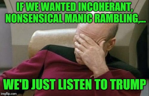 Captain Picard Facepalm Meme | IF WE WANTED INCOHERANT, NONSENSICAL MANIC RAMBLING,... WE'D JUST LISTEN TO TRUMP | image tagged in memes,captain picard facepalm | made w/ Imgflip meme maker