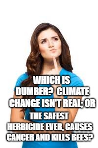 confused woman | WHICH IS DUMBER?  CLIMATE CHANGE ISN'T REAL; OR; THE SAFEST HERBICIDE EVER, CAUSES CANCER AND KILLS BEES? | image tagged in confused woman | made w/ Imgflip meme maker