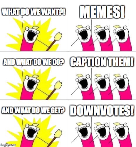 What Do We Want 3 Meme | WHAT DO WE WANT?! MEMES! AND WHAT DO WE DO? CAPTION THEM! AND WHAT DO WE GET? DOWNVOTES! | image tagged in memes,what do we want 3 | made w/ Imgflip meme maker