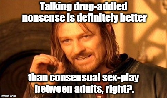 One Does Not Simply Meme | Talking drug-addled nonsense is definitely better than consensual sex-play between adults, right?. | image tagged in memes,one does not simply | made w/ Imgflip meme maker