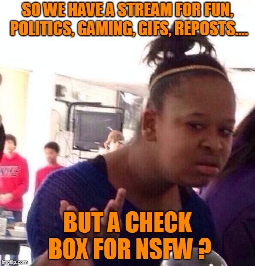 LETS MAKE NSFW A MEME STREAM | SO WE HAVE A STREAM FOR FUN, POLITICS, GAMING, GIFS, REPOSTS.... BUT A CHECK BOX FOR NSFW
? | image tagged in memes,black girl wat | made w/ Imgflip meme maker