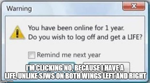 Getting a life will make me more insane. | I'M CLICKING NO, BECAUSE I HAVE A LIFE, UNLIKE SJWS ON BOTH WINGS LEFT AND RIGHT | image tagged in get off the computer  get a life,get a life,life,life sucks | made w/ Imgflip meme maker