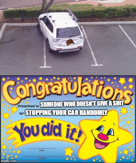 That's not parking, that's stopping with style... | SOMEONE WHO DOESN'T GIVE A SHIT; STOPPING YOUR CAR RANDOMLY | image tagged in bad parking | made w/ Imgflip meme maker