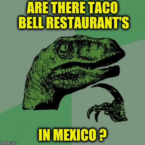 Philosoraptor Meme | ARE THERE TACO BELL RESTAURANT'S IN MEXICO ? | image tagged in memes,philosoraptor | made w/ Imgflip meme maker