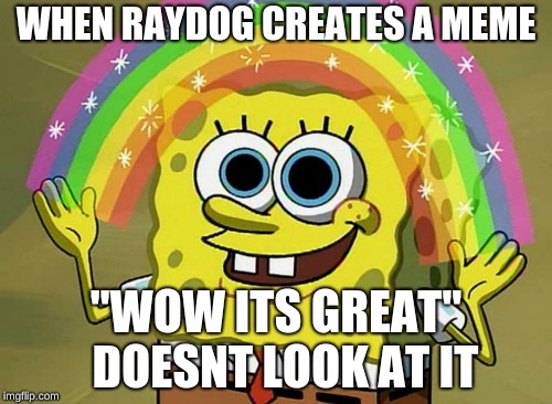 Imagination Spongebob | WHEN RAYDOG CREATES A MEME; "WOW ITS GREAT" 
DOESNT LOOK AT IT | image tagged in memes,imagination spongebob | made w/ Imgflip meme maker