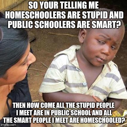 Third World Skeptical Kid |  SO YOUR TELLING ME HOMESCHOOLERS ARE STUPID AND PUBLIC SCHOOLERS ARE SMART? THEN HOW COME ALL THE STUPID PEOPLE I MEET ARE IN PUBLIC SCHOOL AND ALL THE SMART PEOPLE I MEET ARE HOMESCHOOLED? | image tagged in memes,third world skeptical kid | made w/ Imgflip meme maker