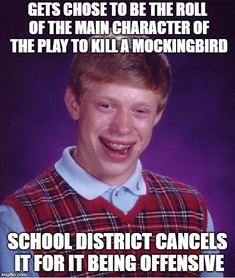 Bad Luck Brian | GETS CHOSE TO BE THE ROLL OF THE MAIN CHARACTER OF THE PLAY TO KILL A MOCKINGBIRD; SCHOOL DISTRICT CANCELS IT FOR IT BEING OFFENSIVE | image tagged in memes,bad luck brian | made w/ Imgflip meme maker