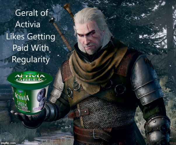 Witcher you having for breakfast? | image tagged in pointless fake ads,stupid puns,video games,shoop,probiotics | made w/ Imgflip meme maker