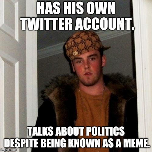 Scumbag Steve | HAS HIS OWN TWITTER ACCOUNT. TALKS ABOUT POLITICS DESPITE BEING KNOWN AS A MEME. | image tagged in memes,scumbag steve | made w/ Imgflip meme maker