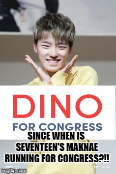 Dino (Seventeen's maknae) for congress this was just a little joke cause I kept seeing signs all over the place | SINCE WHEN IS SEVENTEEN'S MAKNAE RUNNING FOR CONGRESS?!! | image tagged in seventeen,kpop memes,kpop,seventeen memes | made w/ Imgflip meme maker