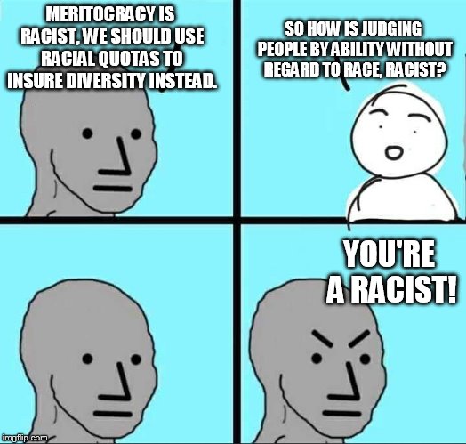 Regressive NPC is regressive. | SO HOW IS JUDGING PEOPLE BY ABILITY WITHOUT REGARD TO RACE, RACIST? MERITOCRACY IS RACIST, WE SHOULD USE RACIAL QUOTAS TO INSURE DIVERSITY INSTEAD. YOU'RE A RACIST! | image tagged in npc meme | made w/ Imgflip meme maker