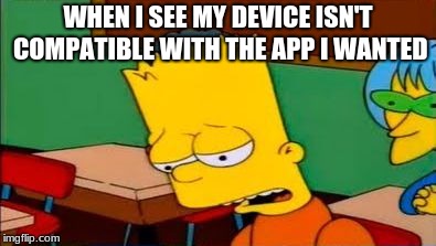 bart sad | WHEN I SEE MY DEVICE ISN'T COMPATIBLE WITH THE APP I WANTED | image tagged in bart sad | made w/ Imgflip meme maker