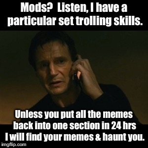 Memed Part I | Mods?  Listen, I have a particular set trolling skills. Unless you put all the memes back into one section in 24 hrs I will find your memes & haunt you. | image tagged in memes,liam neeson taken,mods,meme segregation,reversal,funny memes | made w/ Imgflip meme maker