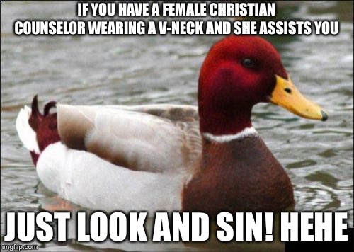 Swiggity swooty look at dem melons  | IF YOU HAVE A FEMALE CHRISTIAN COUNSELOR WEARING A V-NECK AND SHE ASSISTS YOU; JUST LOOK AND SIN! HEHE | image tagged in memes,malicious advice mallard,church,counselor,swiggity swooty | made w/ Imgflip meme maker