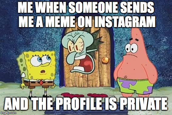 Raging Squidward | ME WHEN SOMEONE SENDS ME A MEME ON INSTAGRAM; AND THE PROFILE IS PRIVATE | image tagged in raging squidward,memes,funny memes,spongebob | made w/ Imgflip meme maker