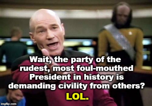 Picard Wtf Meme | Wait, the party of the rudest, most foul-mouthed President in history is demanding civility from others? LOL. | image tagged in memes,picard wtf | made w/ Imgflip meme maker