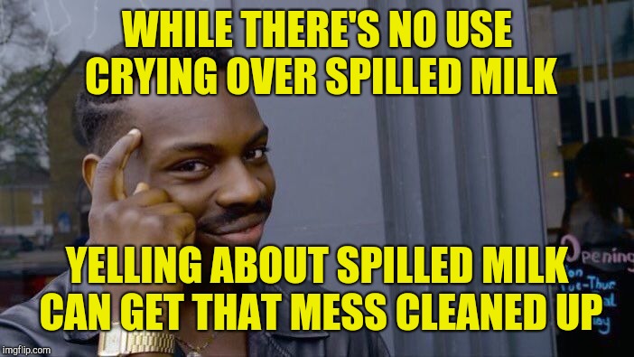 Roll Safe Think About It Meme | WHILE THERE'S NO USE CRYING OVER SPILLED MILK YELLING ABOUT SPILLED MILK CAN GET THAT MESS CLEANED UP | image tagged in memes,roll safe think about it | made w/ Imgflip meme maker