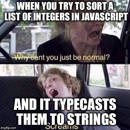 Why Can't You Just Be Normal | WHEN YOU TRY TO SORT A LIST OF INTEGERS IN JAVASCRIPT; AND IT TYPECASTS THEM TO STRINGS | image tagged in why can't you just be normal | made w/ Imgflip meme maker