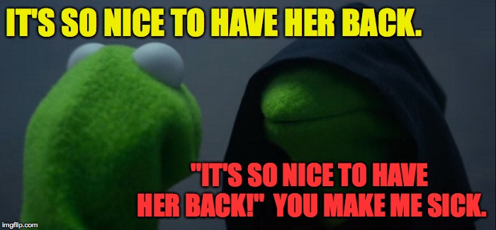 Evil Kermit Meme | IT'S SO NICE TO HAVE HER BACK. "IT'S SO NICE TO HAVE HER BACK!"  YOU MAKE ME SICK. | image tagged in memes,evil kermit | made w/ Imgflip meme maker