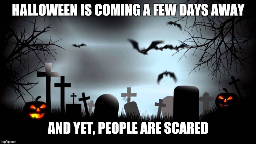 Halloween background | HALLOWEEN IS COMING A FEW DAYS AWAY; AND YET, PEOPLE ARE SCARED | image tagged in halloween background,halloween,memes | made w/ Imgflip meme maker