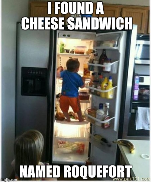 baby getting food from fridge | I FOUND A CHEESE SANDWICH NAMED ROQUEFORT | image tagged in baby getting food from fridge | made w/ Imgflip meme maker