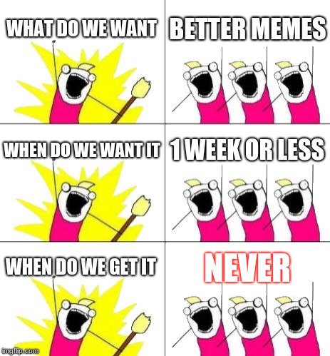 What Do We Want 3 | WHAT DO WE WANT; BETTER MEMES; WHEN DO WE WANT IT; 1 WEEK OR LESS; WHEN DO WE GET IT; NEVER | image tagged in memes,what do we want 3 | made w/ Imgflip meme maker