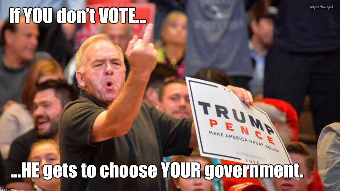 If you don’t vote he gets to choose your government  | Wayne Breivogel; If YOU don’t VOTE... ...HE gets to choose YOUR government. | image tagged in vote,angry trump supporter,middle finger | made w/ Imgflip meme maker