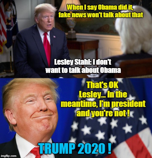 I'm president and you're not | When I say Obama did it, fake news won't talk about that; Lesley Stahl: I don't want to talk about Obama; That's OK Lesley... In the meantime, I'm president and you're not ! TRUMP 2020 ! | image tagged in trump 2020,i'm president and you're not,leseley stahl | made w/ Imgflip meme maker