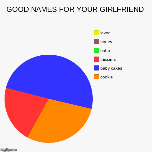 GOOD NAMES FOR YOUR GIRLFRIEND | cookie, baby cakes, thiccims, babe, honey, lover | image tagged in funny,pie charts | made w/ Imgflip chart maker