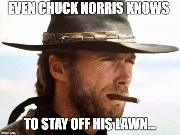 Clint Eastwood  | EVEN CHUCK NORRIS KNOWS; TO STAY OFF HIS LAWN... | image tagged in clint eastwood | made w/ Imgflip meme maker
