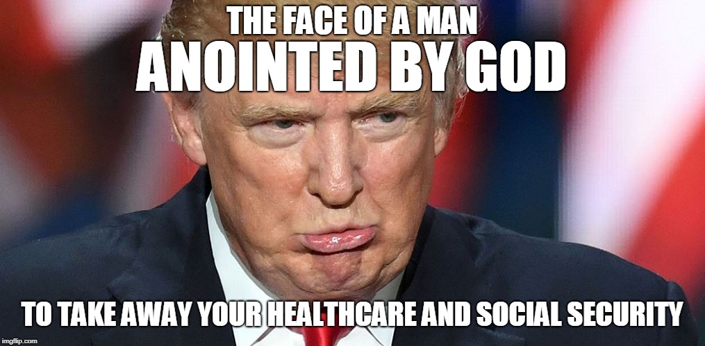 THE FACE OF A MAN; ANOINTED BY GOD; TO TAKE AWAY YOUR HEALTHCARE AND SOCIAL SECURITY | image tagged in trump | made w/ Imgflip meme maker
