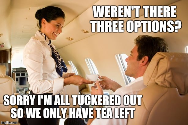 No Me for Thee | WEREN'T THERE THREE OPTIONS? SORRY I'M ALL TUCKERED OUT   SO WE ONLY HAVE TEA LEFT | image tagged in stewardess | made w/ Imgflip meme maker