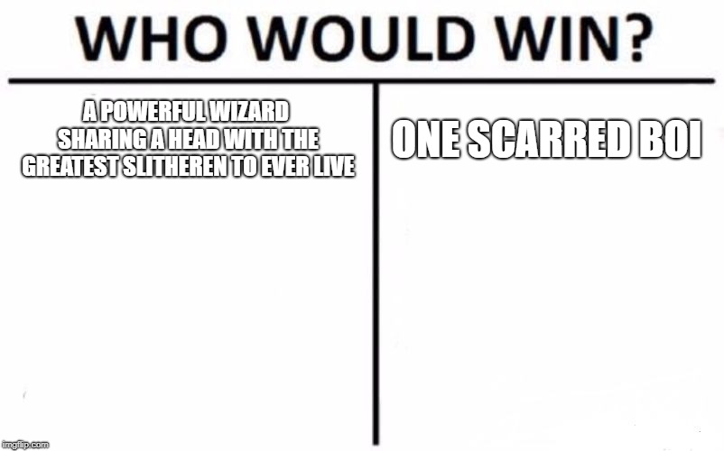 Who Would Win? | A POWERFUL WIZARD SHARING A HEAD WITH THE GREATEST SLITHEREN TO EVER LIVE; ONE SCARRED BOI | image tagged in memes,who would win | made w/ Imgflip meme maker