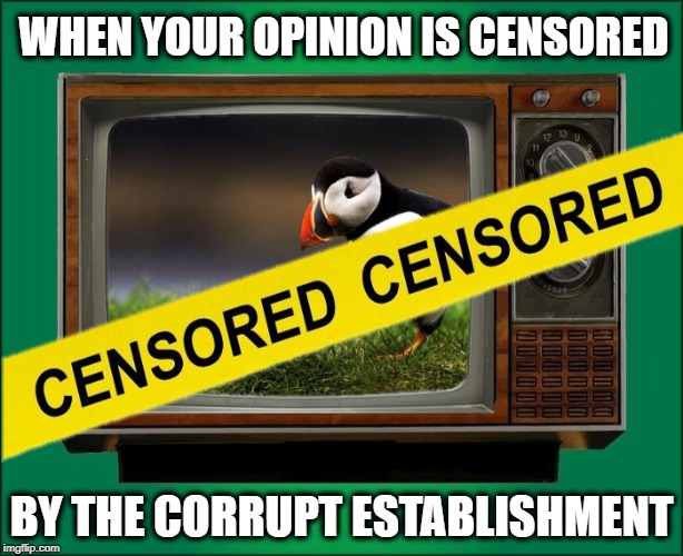 WHEN YOUR OPINION IS CENSORED; BY THE CORRUPT ESTABLISHMENT | image tagged in unpopular opinion puffin,censorship,censored,corruption,illuminati confirmed | made w/ Imgflip meme maker