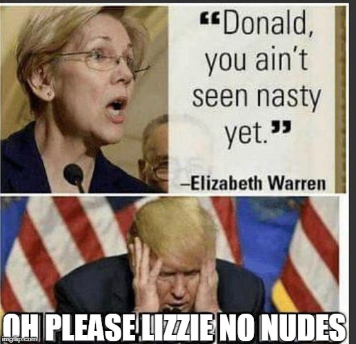 Oh please Lizzie No Nudes | OH PLEASE LIZZIE NO NUDES | image tagged in elizabeth warren,donald trump | made w/ Imgflip meme maker