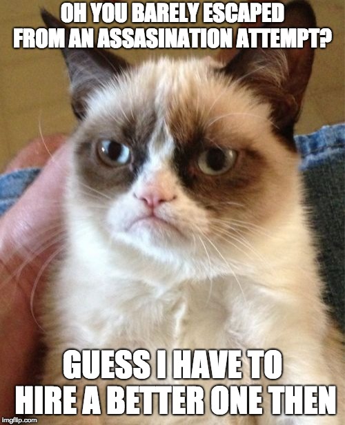 Grumpy Cat | OH YOU BARELY ESCAPED FROM AN ASSASINATION ATTEMPT? GUESS I HAVE TO HIRE A BETTER ONE THEN | image tagged in memes,grumpy cat | made w/ Imgflip meme maker