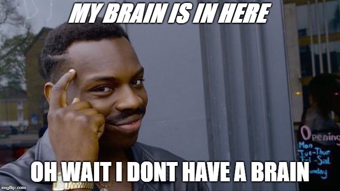 Roll Safe Think About It Meme | MY BRAIN IS IN HERE; OH WAIT I DONT HAVE A BRAIN | image tagged in memes,roll safe think about it | made w/ Imgflip meme maker