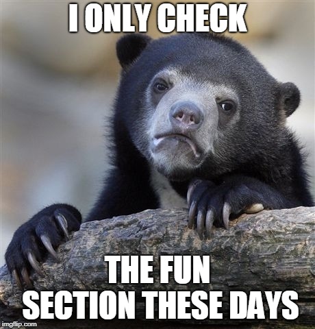 Confession Bear Meme | I ONLY CHECK; THE FUN SECTION THESE DAYS | image tagged in memes,confession bear | made w/ Imgflip meme maker