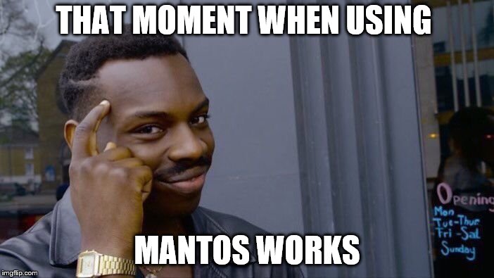 Roll Safe Think About It | THAT MOMENT WHEN USING; MANTOS WORKS | image tagged in memes,roll safe think about it | made w/ Imgflip meme maker
