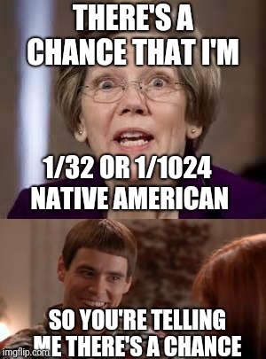 THERE'S A CHANCE THAT I'M; 1/32 OR 1/1024 NATIVE AMERICAN; SO YOU'RE TELLING ME THERE'S A CHANCE | image tagged in elizabeth warren,dumb and dumber | made w/ Imgflip meme maker