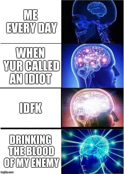 Expanding Brain Meme | ME EVERY DAY; WHEN YUR CALLED AN IDIOT; IDFK; DRINKING THE BLOOD OF MY ENEMY | image tagged in memes,expanding brain | made w/ Imgflip meme maker