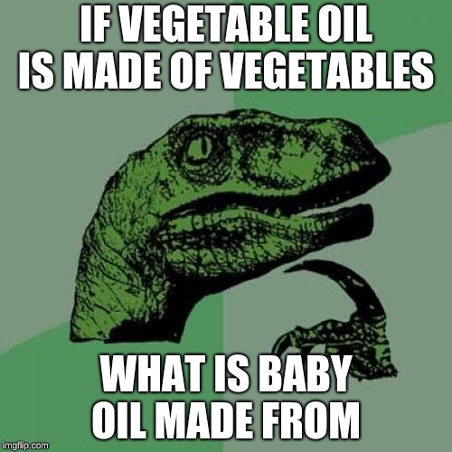 Philosoraptor | IF VEGETABLE OIL IS MADE OF VEGETABLES; WHAT IS BABY OIL MADE FROM | image tagged in memes,philosoraptor | made w/ Imgflip meme maker