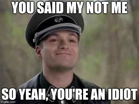 grammar nazi | YOU SAID MY NOT ME SO YEAH, YOU'RE AN IDIOT | image tagged in grammar nazi | made w/ Imgflip meme maker