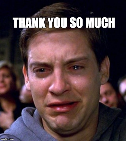crying peter parker | THANK YOU SO MUCH | image tagged in crying peter parker | made w/ Imgflip meme maker