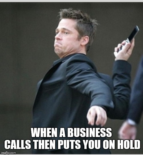 Brad Pitt throwing phone | WHEN A BUSINESS CALLS THEN PUTS YOU ON HOLD | image tagged in brad pitt throwing phone | made w/ Imgflip meme maker