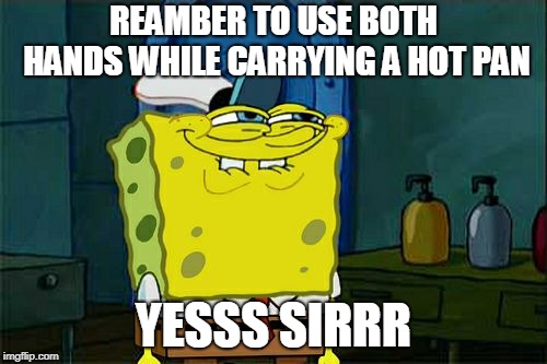 Don't You Squidward Meme | REAMBER TO USE BOTH HANDS WHILE CARRYING A HOT PAN; YESSS SIRRR | image tagged in memes,dont you squidward | made w/ Imgflip meme maker