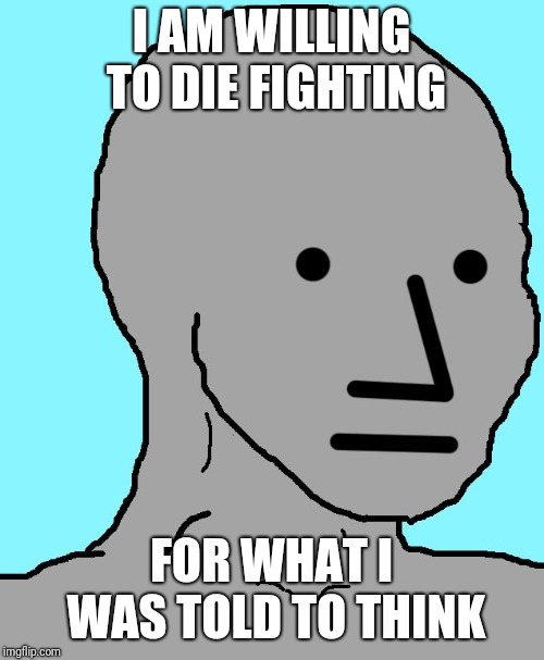 NPC | I AM WILLING TO DIE FIGHTING; FOR WHAT I WAS TOLD TO THINK | image tagged in npc | made w/ Imgflip meme maker